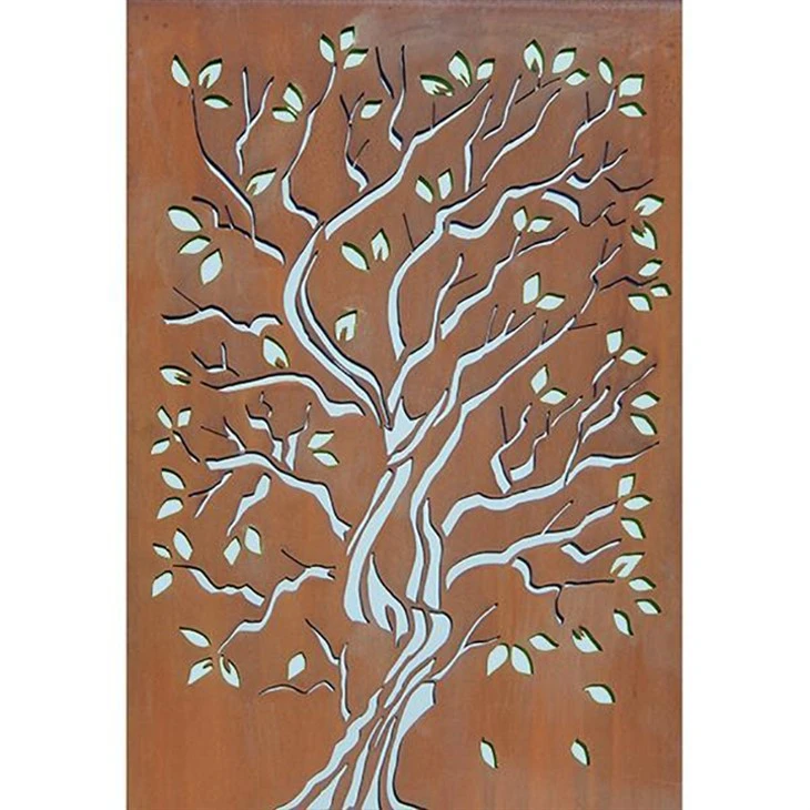 Moderni metallirunkoinen modulaarinen näyttötyöasema laserleikkaus Corten-teräspaneeli