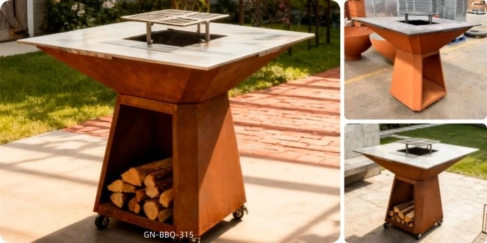 Square Corten BBQ Table With Wood Storage Square Corten BBQ Table With Wood Storage